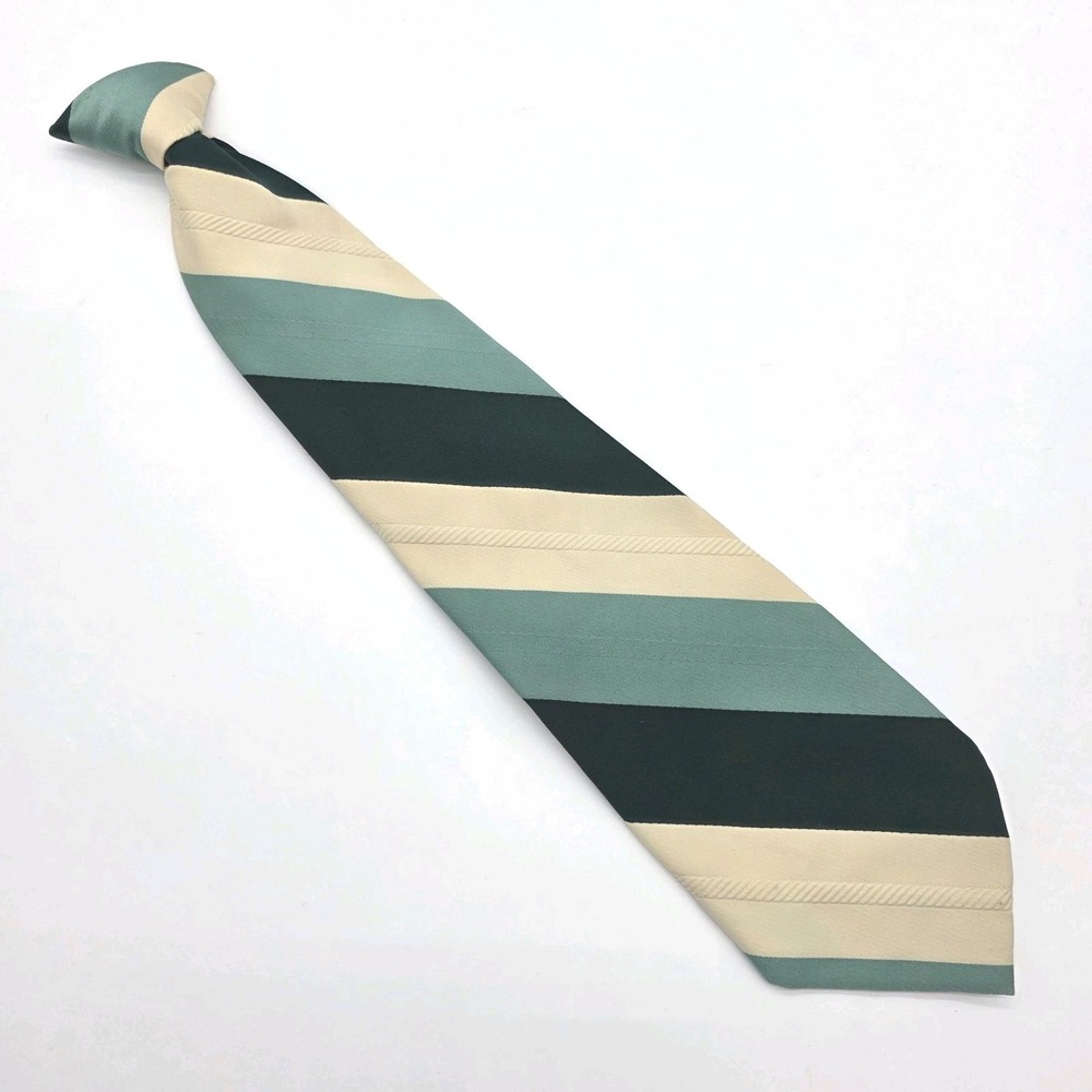 Vintage Velducci Clip On Neck Tie Green Cream Striped‎ Classic
